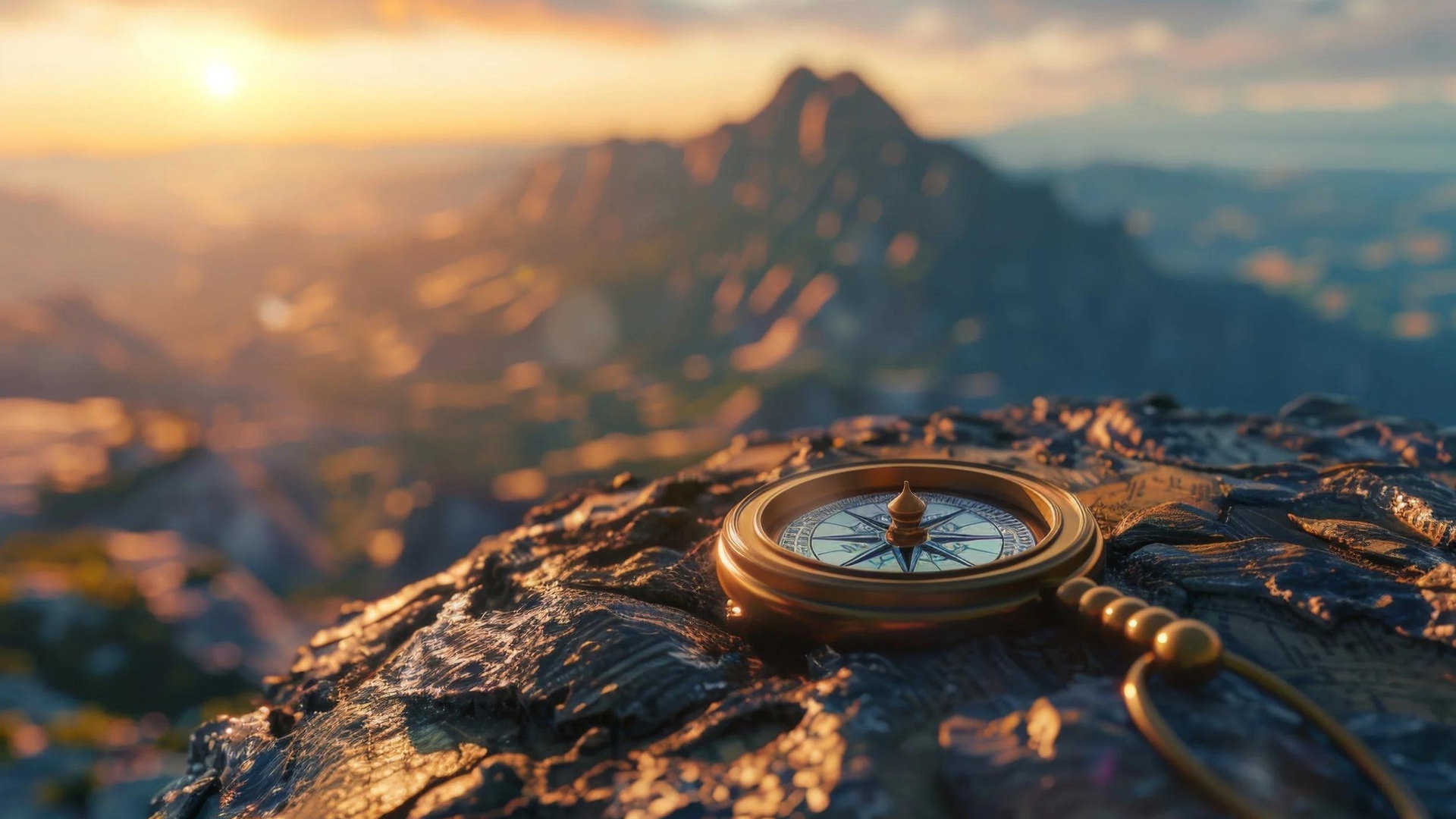 Boussole dorée sur un rocher face aux montagnes au coucher du soleil