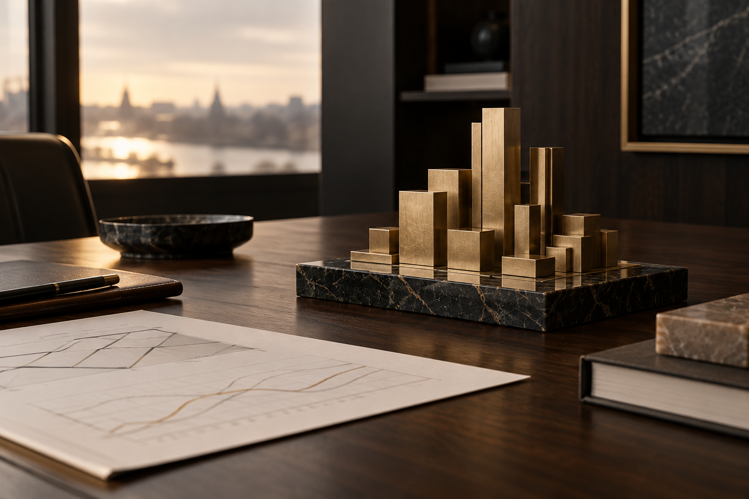 Maquette architecturale dorée sur un bureau avec plans de développement